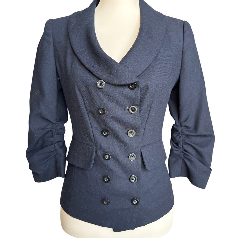 Sine Navy Wool Blend Military Blazer Ruched Sleeve Double Breasted Size 4